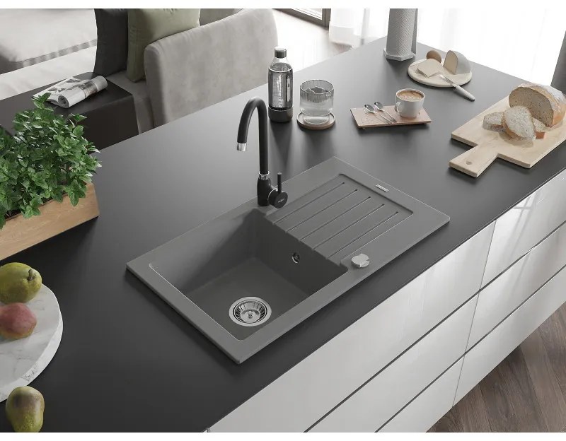 Mexen Pablo, gránit mosogató 752x436x161 mm, 1 kamrás és fekete Telma csaptelep, szürke, 6510-71-670200-70