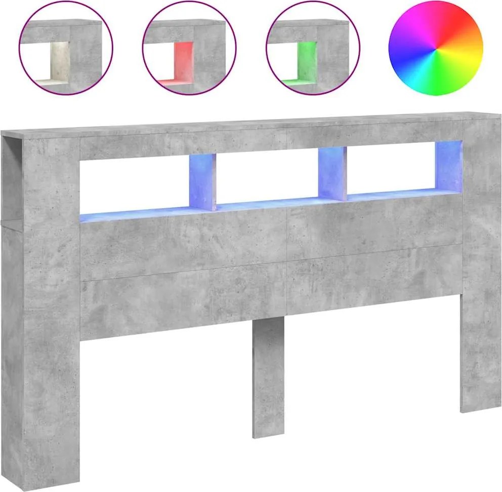 vidaXL betonszürke szerelt fa LED-es fejtámla 180x18,5x103,5 cm