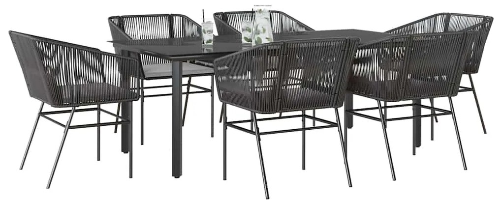 vidaXL 7 részes fekete polyrattan üveg kerti étkezőgarnitúra párnákkal