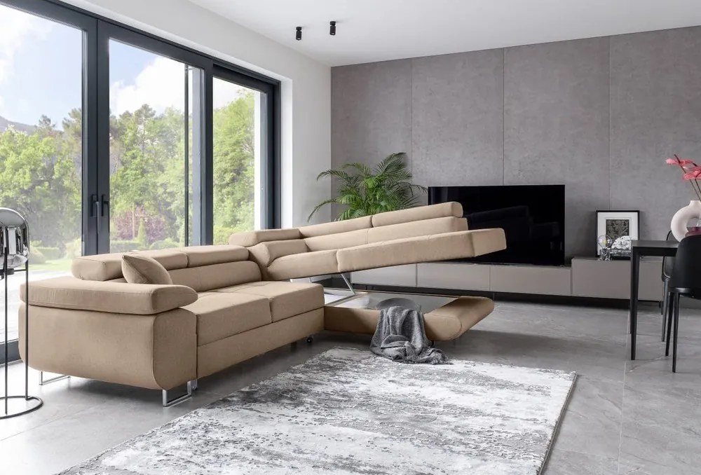 Bézs kinyitható-tárolóhelyes sarokkanapé (jobb oldali-L alakú) Anton – ELTAP