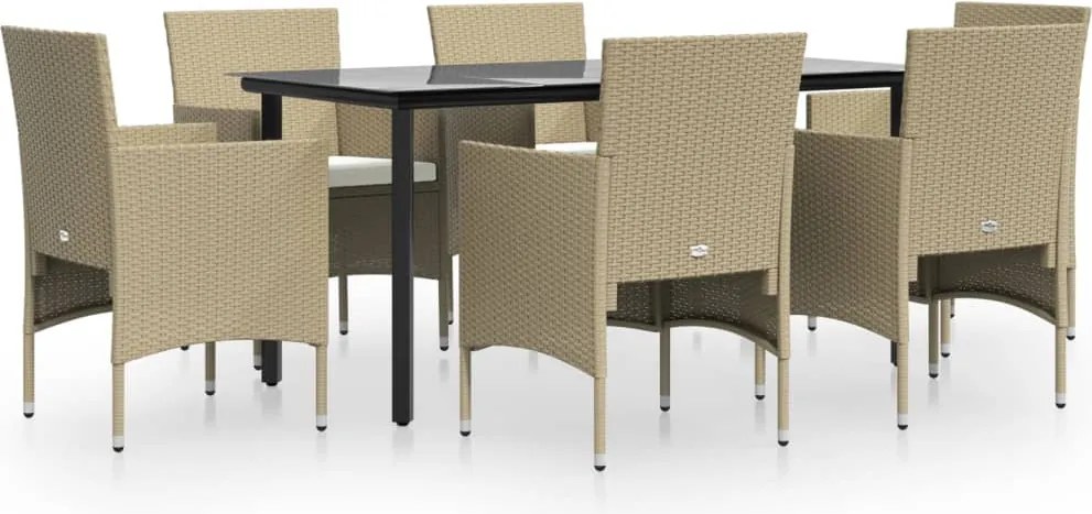 vidaXL 7 részes bézs és fekete kerti étkezőgarnitúra párnákkal