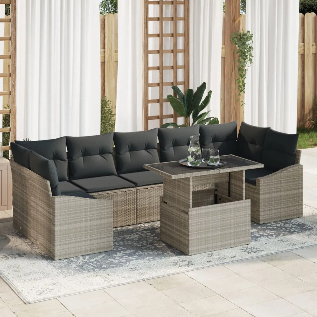 8 darabos kertiszófa szett párnákkal, világosszürke poli rattan