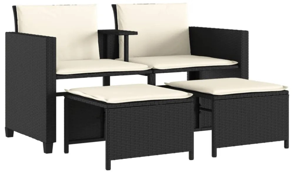 2 személyes fekete polyrattan kerti kanapé asztallal/székkel