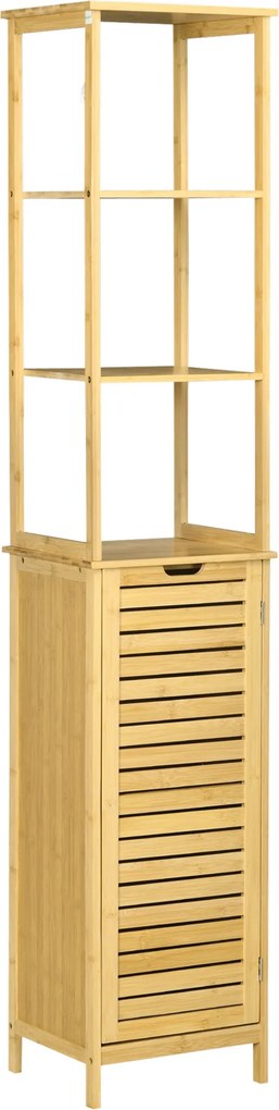 kleankin Fürdőszoba Szekrény Magas, 3 Nyitott Polccal és 1 Szekrénnyel, Bambusz Tároló Szekrény Fürdőszobába, Nappaliba 34 x 30 x 173 cm Természetes |