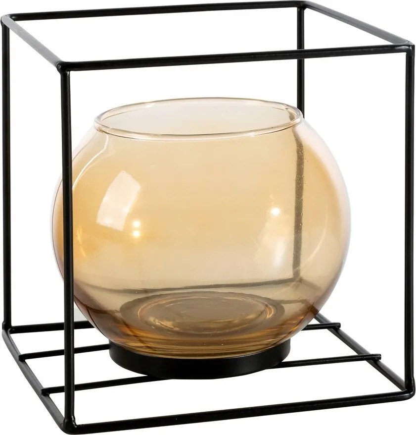 Dekoratív gyertyatartó Loft stílusban fekete keret üveggömbbel 17X17X17 cm