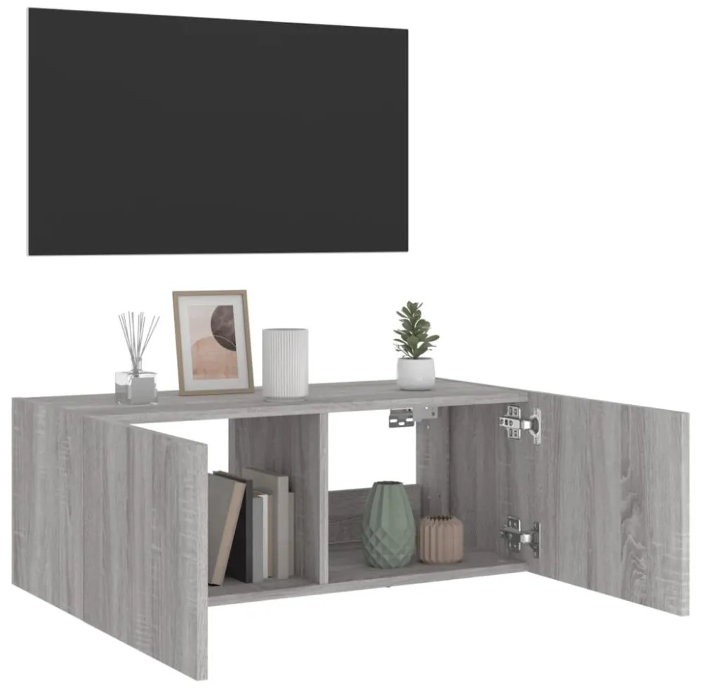 szürke sonoma színű fali TV-szekrény LED-del 80x35x31 cm