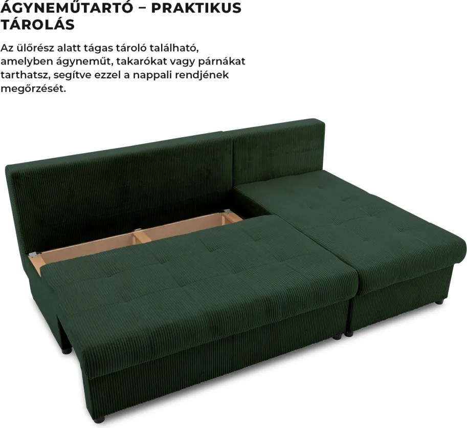 Venezia sarokkanapé, kordbársony, univerzális oldal, bonell töltet, zöld