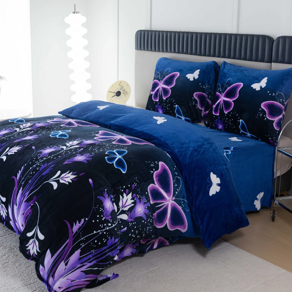 Mikroplüss ágyneműhuzat szett VIOLET BUTTERFLY sötétkék + mikroplüss lepedő SOFT 90x200 cm fehér, egyszemélyes ágyhoz