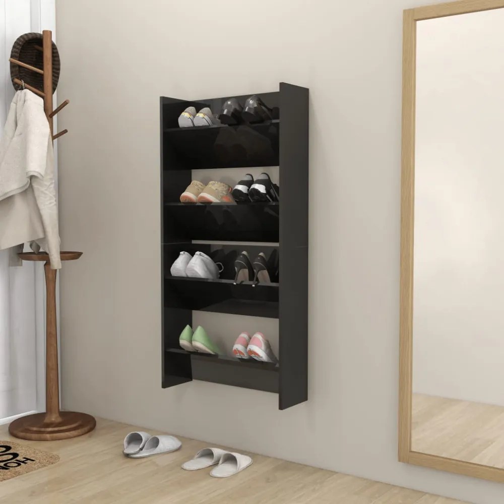 2 db magasfényű fekete szerelt fa fali cipősszekrény 60x18x60cm