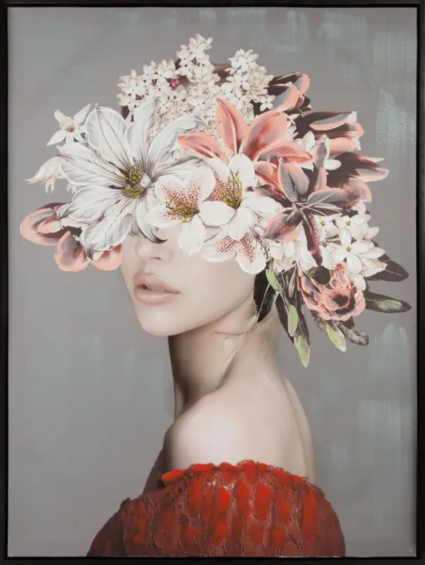Női portré virággal a fején fekete keretben 576 Szürke/piros 60x80 cm