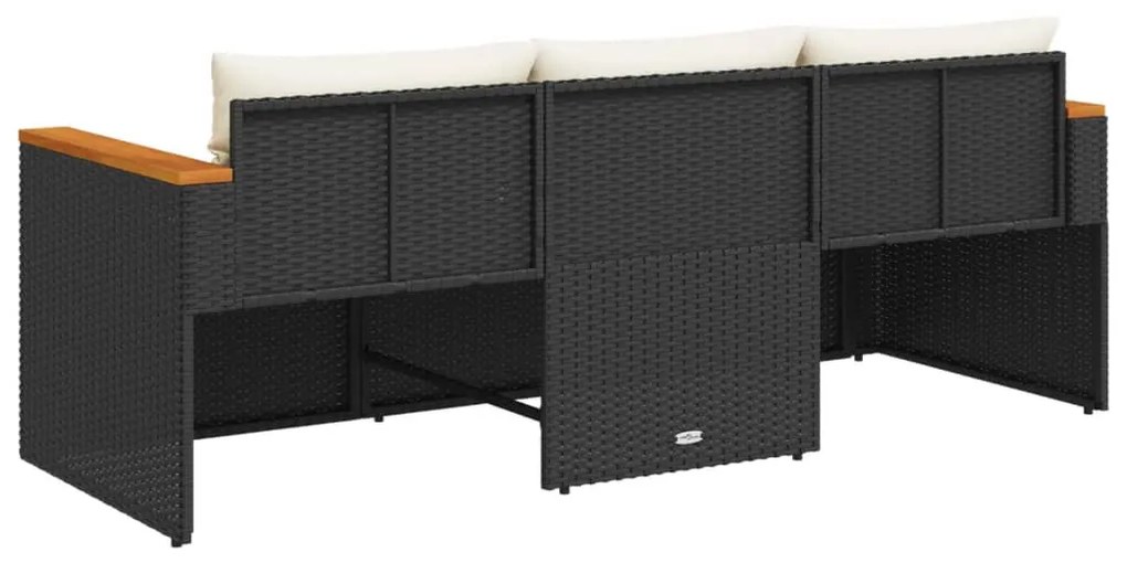 Fekete 3 személyes polyrattan kerti kanapé párnákkal