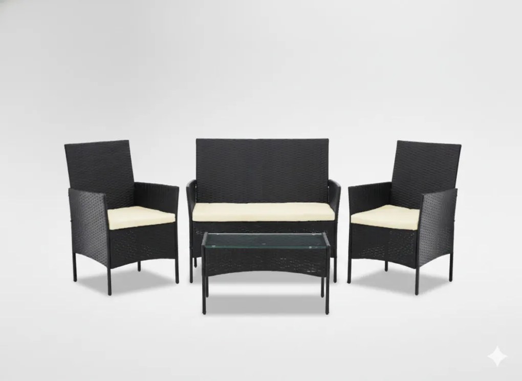 RATTAN BÚTORSZETT (KANAPÉ, 2 FOTEL, ASZTAL), FEKETE + KRÉMSZÍNŰ PÁRNÁKKAL