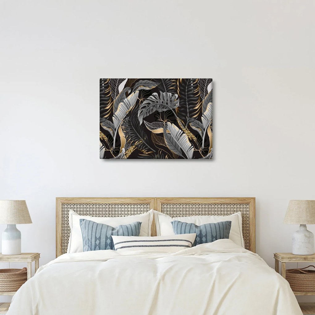 Kép - Trópusi levelek fekete és arany színben (70x50 cm)