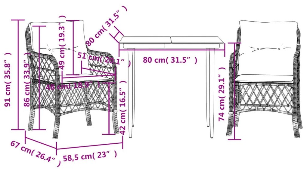 3 részes barna polyrattan bisztrógarnitúra párnákkal
