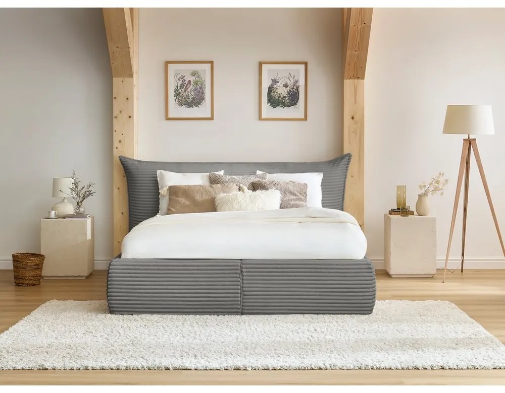 Szürke kárpitozott ágyneműtartós franciaágy ágyráccsal 180x200 cm Jade – Bobochic Paris