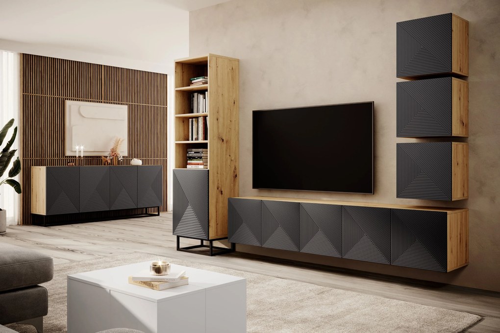 Asha falra szerelhető TV szekrény 200 cm, bordázott előlap - artisan / rivier stone matt