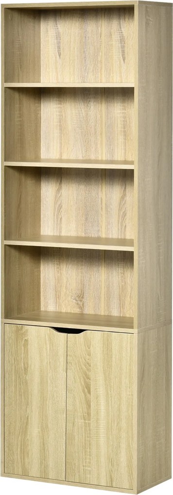 HOMCOM 4 Nyitott Rekeszes és 2 Ajtós Könyvespolc Nappali Tanulószobába Irodába, Terhelhetőség 80 kg, 59x29x180 cm Természetes | Aosom