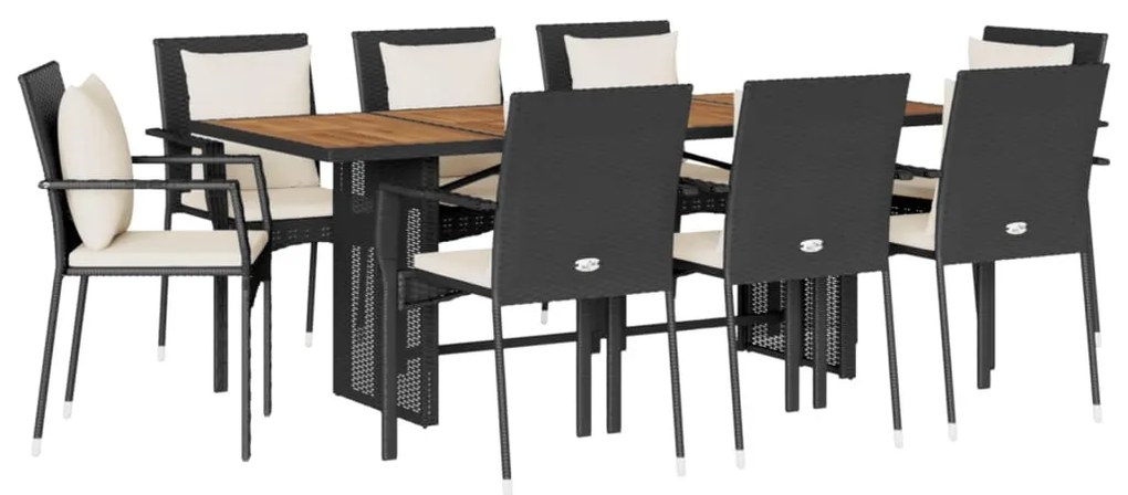 9 részes fekete polyrattan kerti étkezőgarnitúra párnákkal