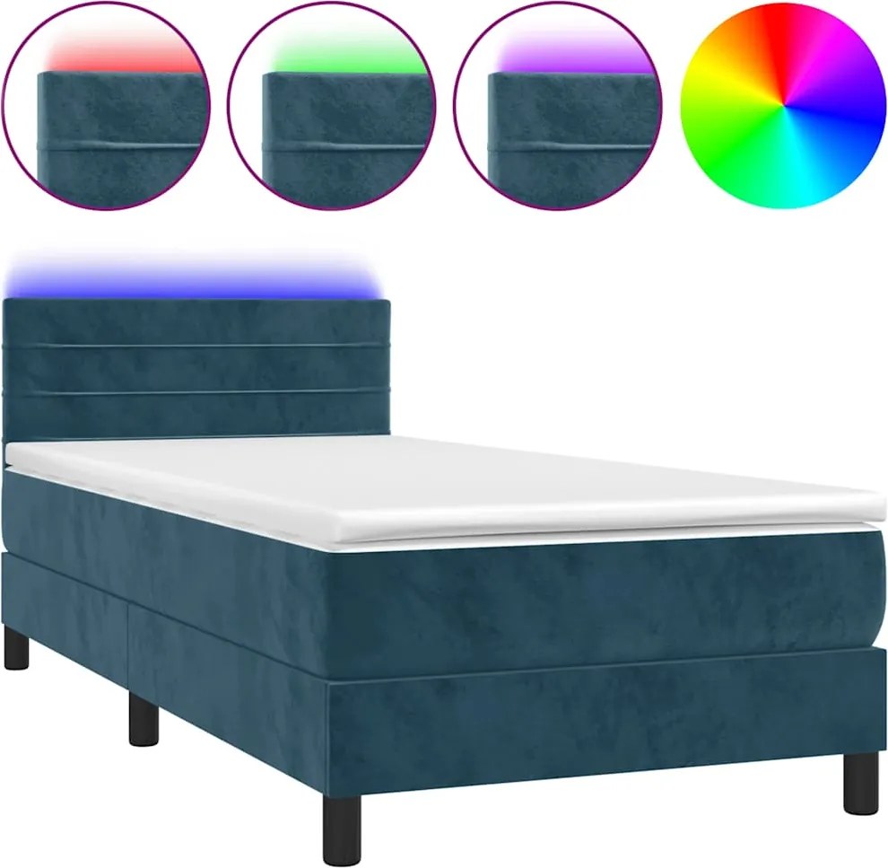 vidaXL sötétkék bársony rugós és LED-es ágy matraccal 80 x 200 cm