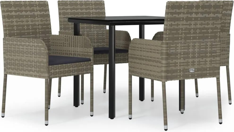 vidaXL 5 részes fekete és szürke polyrattan kerti étkezőszett párnával