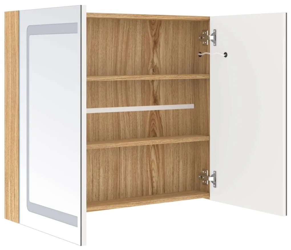 fehér, tölgyszínű LED-es tükrös fürdőszobaszekrény 80x12x68 cm