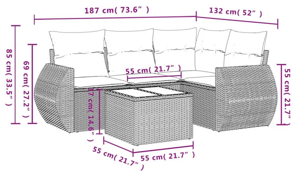 5 részes barna polyrattan kerti ülőgarnitúra párnával