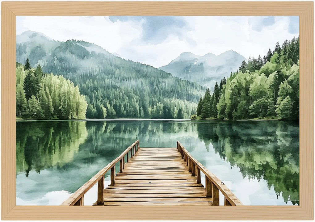 Poszter Keret Fa Hegyi Tájkép Természet Tó Móló Híd 60x40