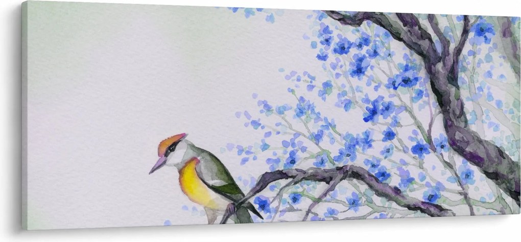 Kép - Madár egy fán kék virágokkal (120x50 cm)