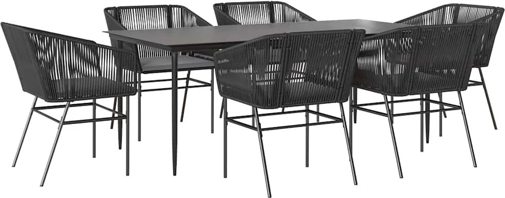vidaXL 7 részes fekete polyrattan üveg kerti étkezőgarnitúra párnákkal