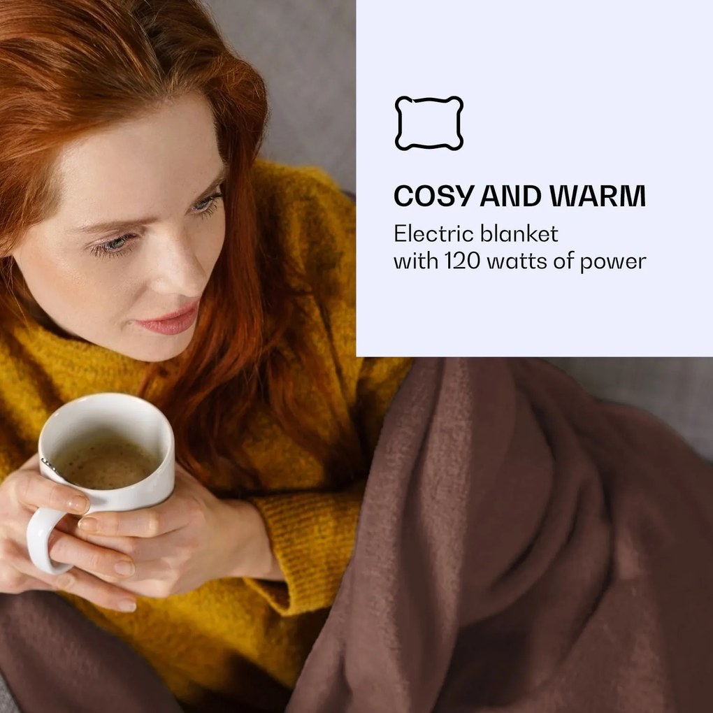 Klarstein Dr. Watson XL, melegítő takaró, 120 W, 180 x 130 cm, mosható, mikroplüss, barna