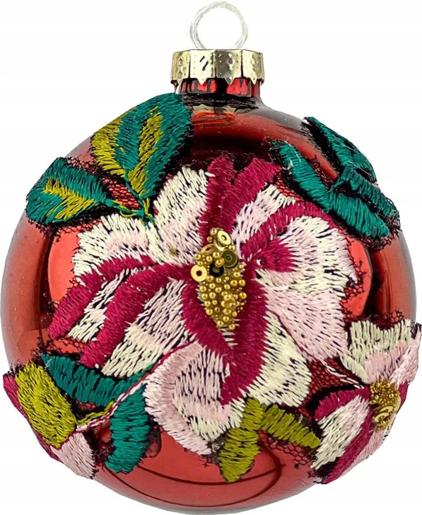 Karácsonyfadísz Folkstar piros, nagy rózsaszín virágokkal, hímzett, csillogó