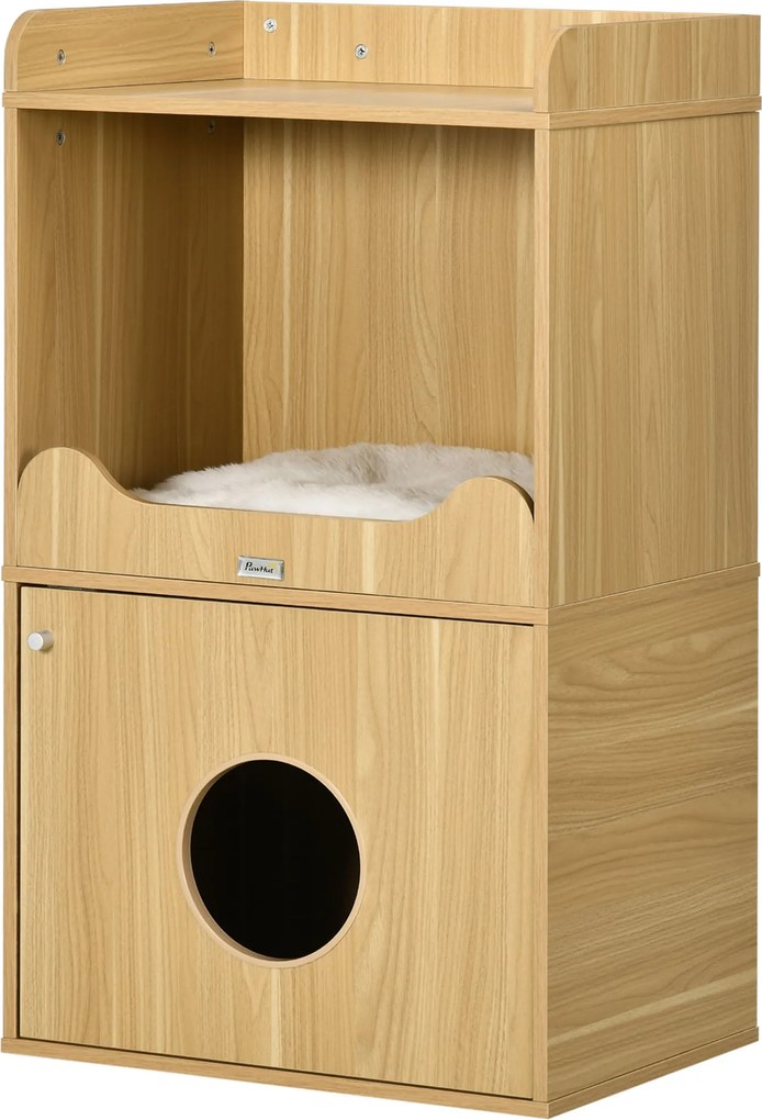 PawHut Macska Alomdozó Ház, Macska Alomszekrény, 3 Szint, Ajtóval Zárt Rekesz, 1 Párna, 60 x 45 x 103 cm | Aosom