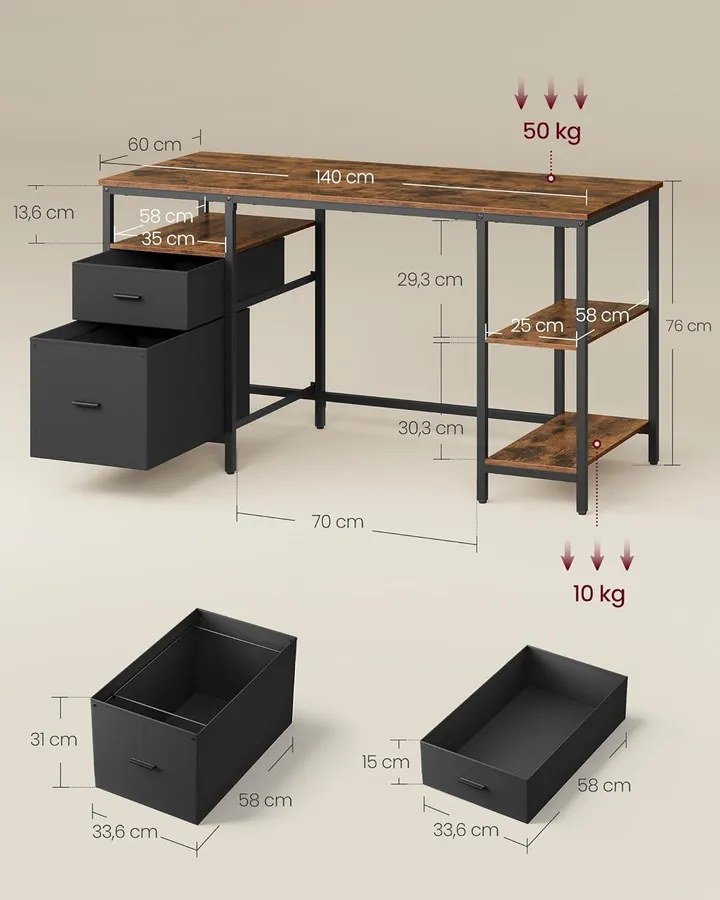 VASAGLE számítógépasztal, íróasztal 3 polccal, 60x140 cm, barna és fekete