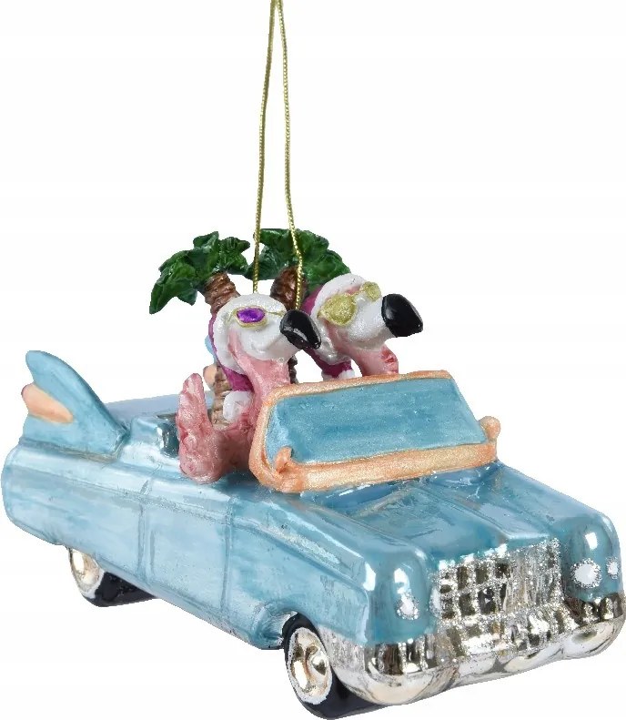 Karácsonyfa medál Autó Flamingókkal kék karácsonyfára 14cm