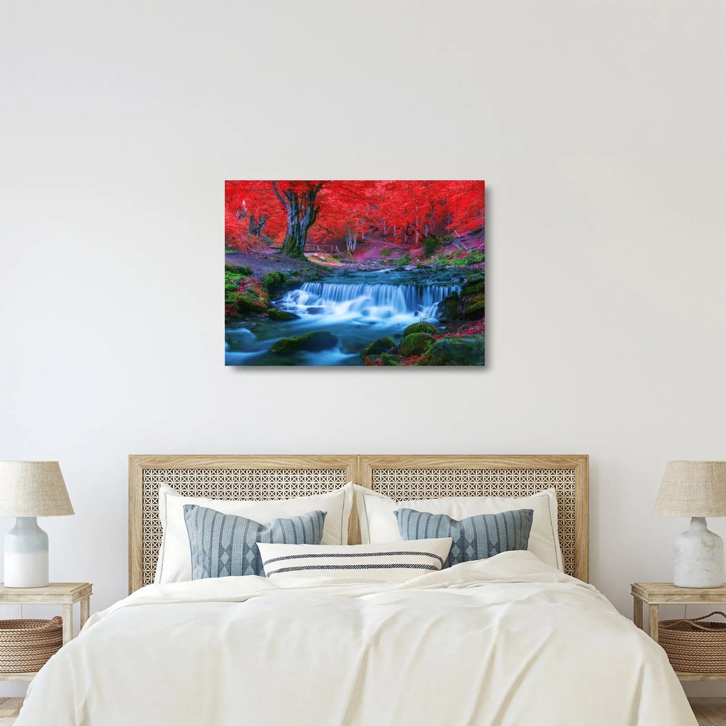 Kép Vízesés egy vörös erdőben (üvegen) (70x50 cm)