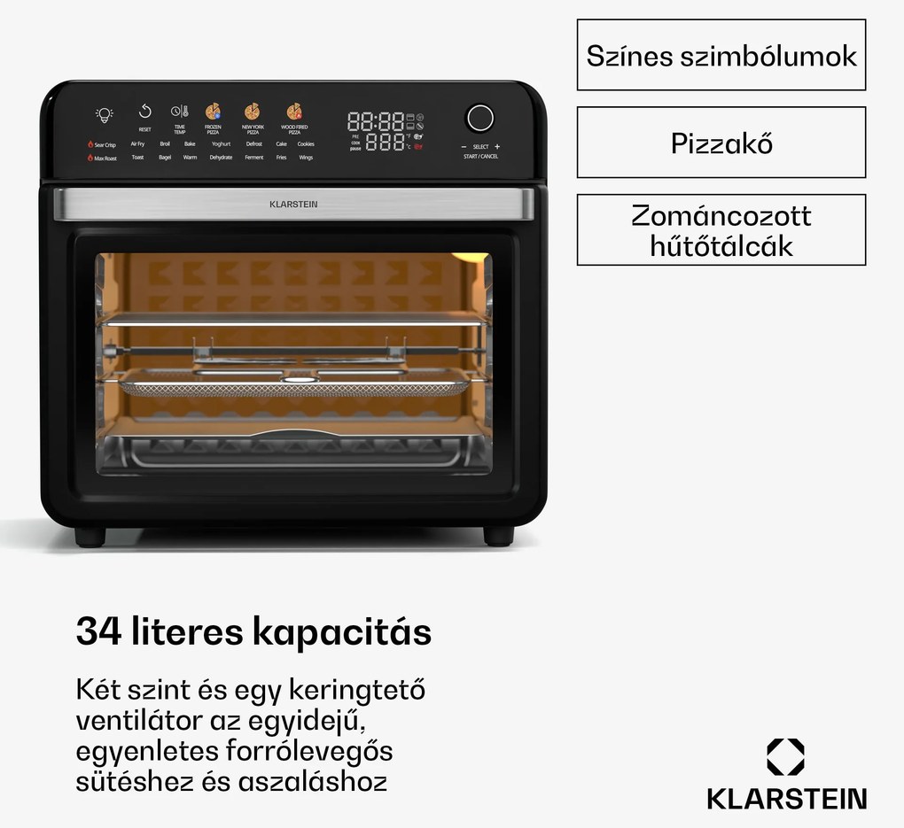 Klarstein AirGlaze Digital forrólevegős fritőz, 2200 W, 19 program, mosogatógépben mosható tartozékokkal együtt