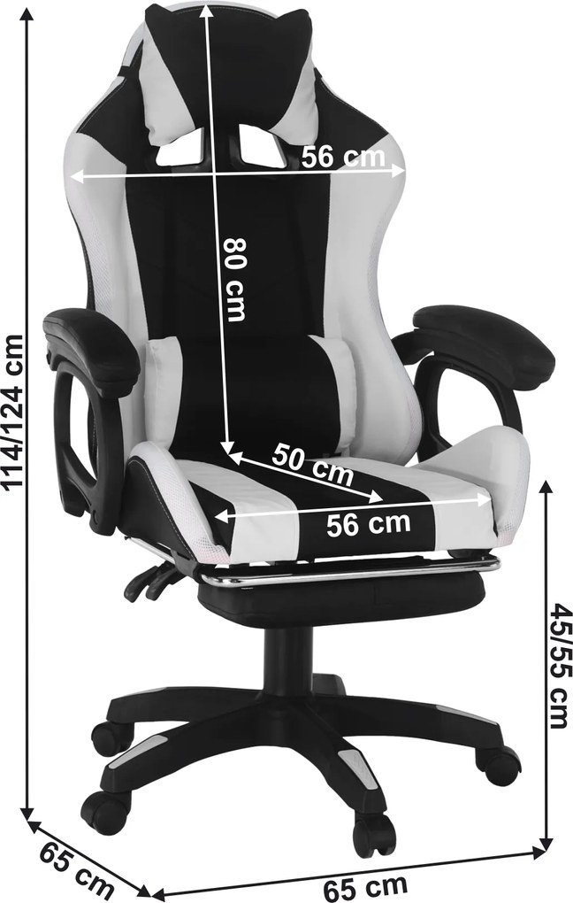 Irodai/gamer szék RGB LED világítással, fekete/fehér, JOVELA