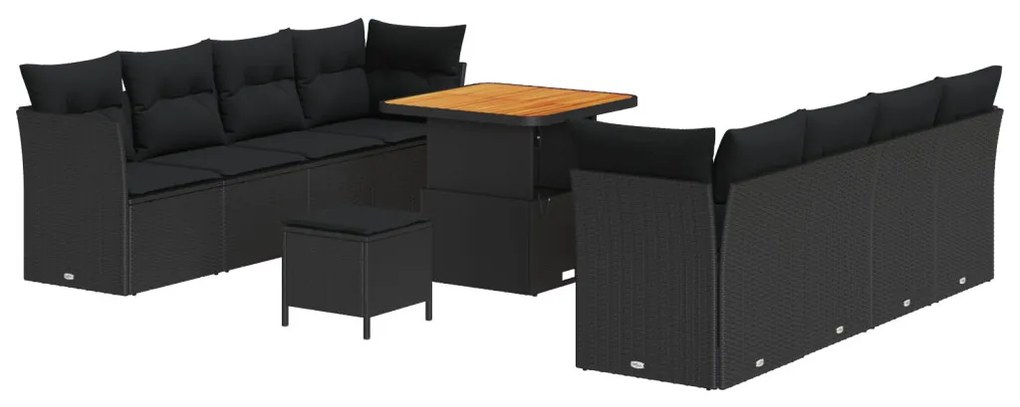 11 db-os Kert Kanapé Szett Párnákkal Fekete Poli Rattan Akác, 3 db-os Kert Étkező Szett Párnákkal Fekete Poli Rattan Akác