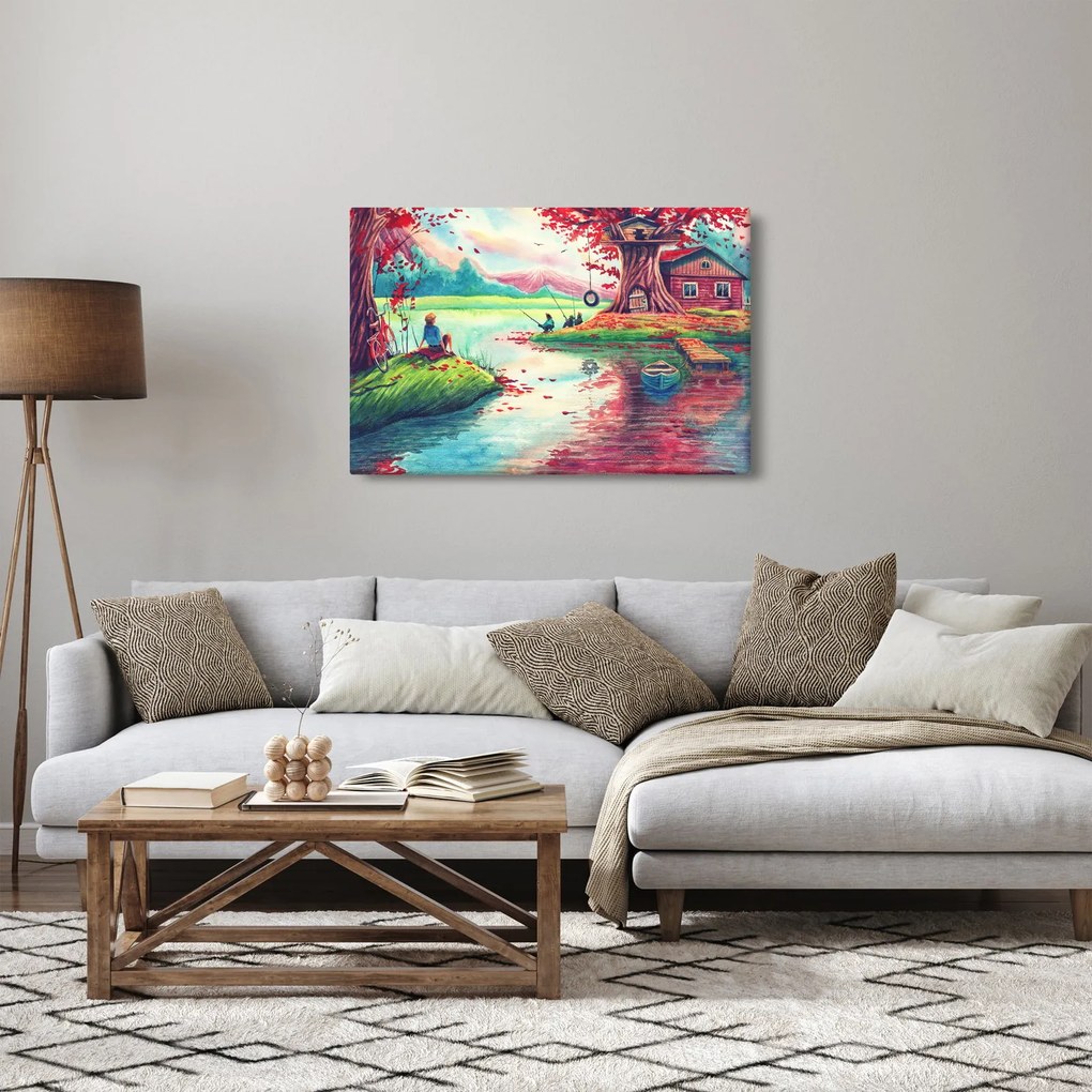 Kép - akvarell, Öböl egy hegyi faluban (90x60 cm)