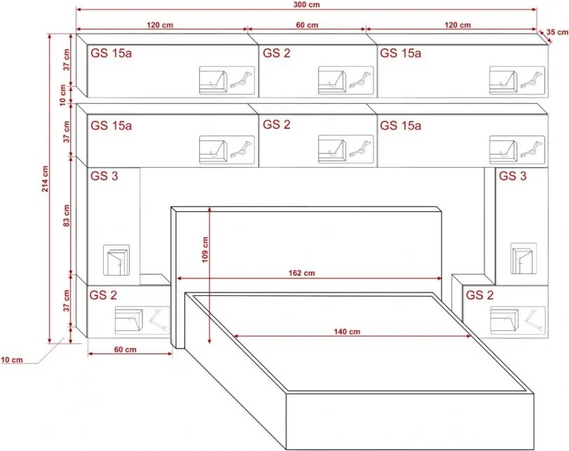 Prince Panama 5 hálószoba bútor magasfényű fekete (300cm)
