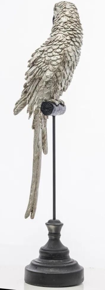 Tropical fekete csőrös ezüst kakadu papagáj szobor fekete állványon 46x10x10cm