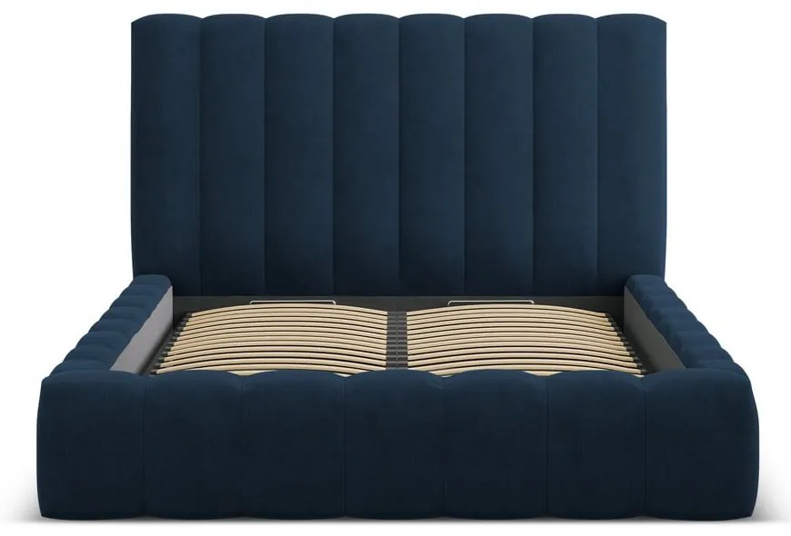 Sötétkék kárpitozott ágyneműtartós franciaágy ágyráccsal 200x200 cm Kelp – Micadoni Home