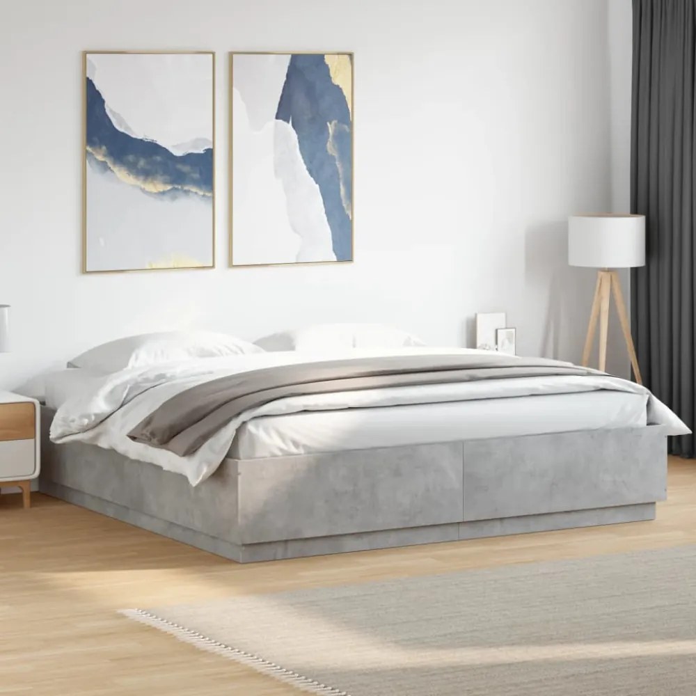 betonszürke szerelt fa ágykeret LED-világítással 200 x 200 cm