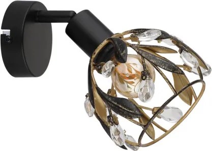 Globo 15759-1 Fali spotlámpa, fém fekete matt, fém arany színű, fekete patinázott, tiszta akril kristályok, SzxM: 120x160mm, Mélység: 210mm, 1x E14 25W 230V izzó nélkül