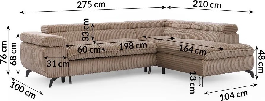 Barna kordbársony sarokkanapé (jobb oldali-L alakú) Marbeya – Ropez