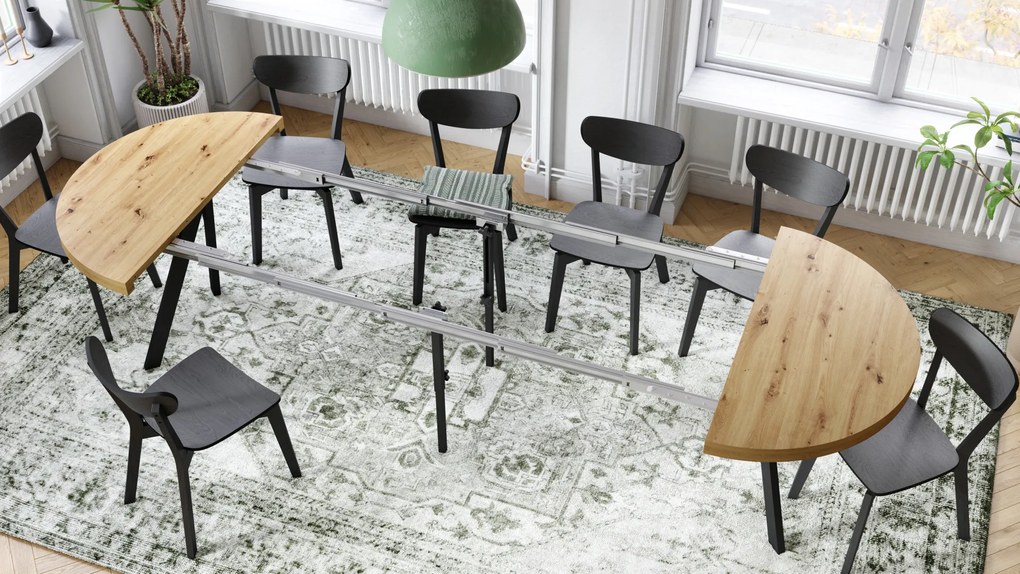 Mazzoni EXPANSO Artisan Tölgy/fekete lábak - LOFT/IPARI STÍLUSÚ 310 cm-re BŐVÍTHETŐ NAGY KEREK ASZTAL Ø110 Y LÁBAKKAL