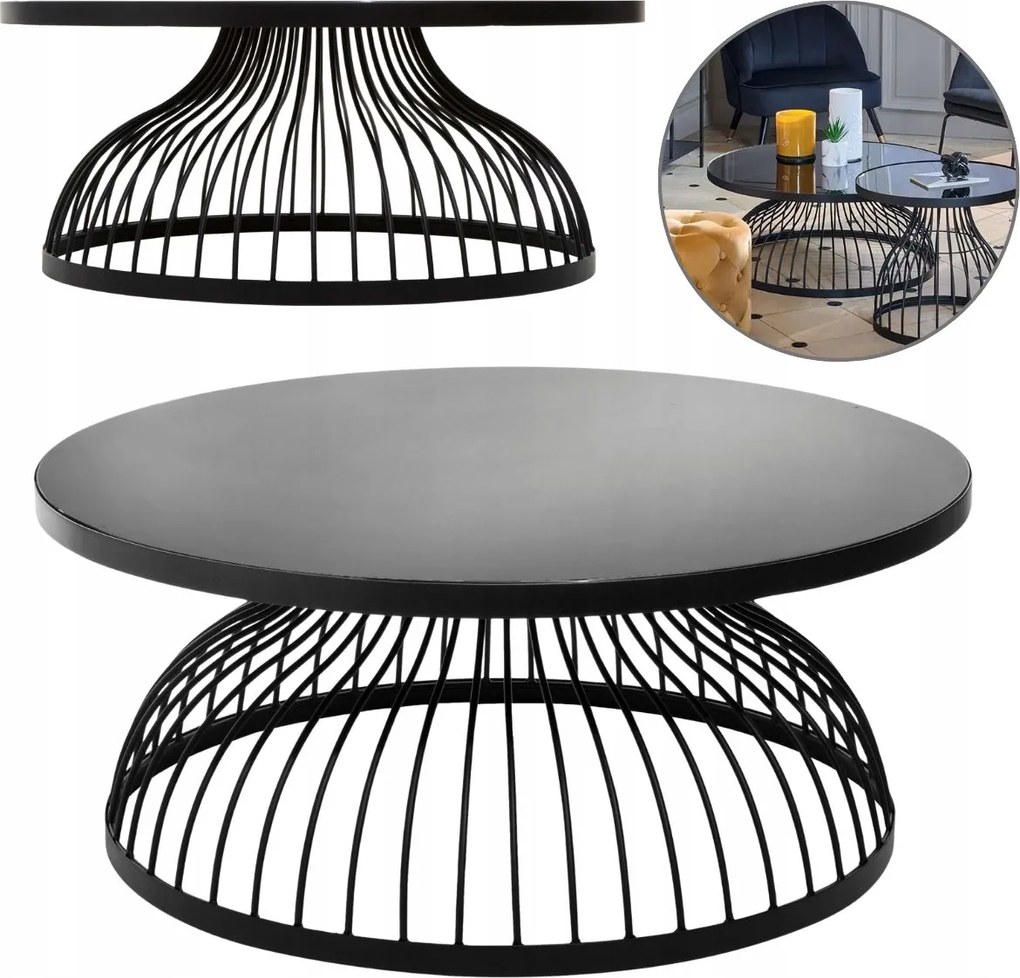 Dohányzóasztal Fekete 90 CM Modern Loft Nappali Nagy Kerek Fém