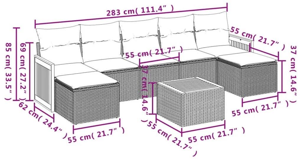 8 részes szürke polyrattan kerti ülőgarnitúra párnákkal