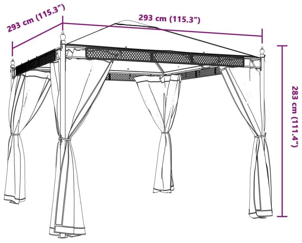 krémszínű acél pavilon hálós oldalakkal 2,93 x 2,93 m