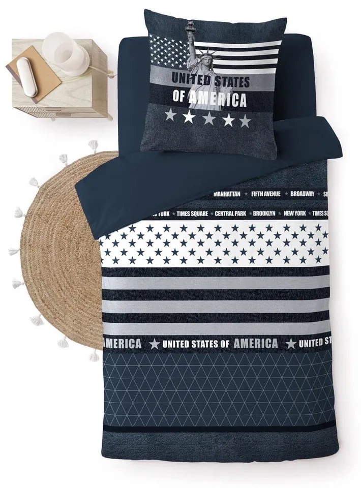 Sötétkék egyszemélyes pamut ágyneműhuzat 140x200 cm States – douceur d'intérieur